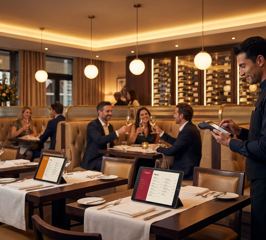 Servicio de mesas en un restaurante con dispositivos de punto de venta